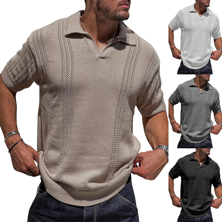 Knitted short sleeve pullover for men with textured surface and polo collar Lune London