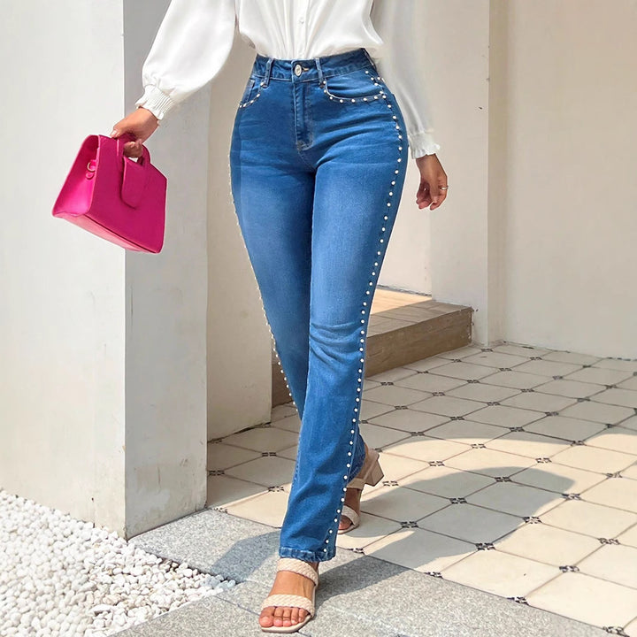 Ladies high-waisted slim jeans with pearl details on pockets and side seams Amarae