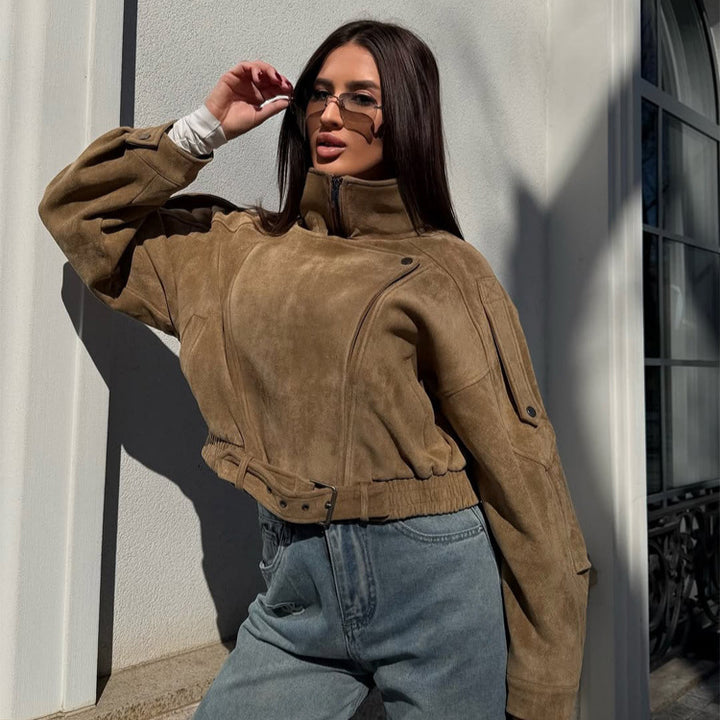 Ladies short-cut suede bomber jacket with belt & oversized sleeves Amarae