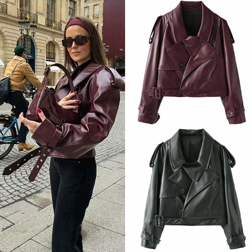 Cool cropped faux leather jacket for women with asymmetric collar and trendy design Amarae
