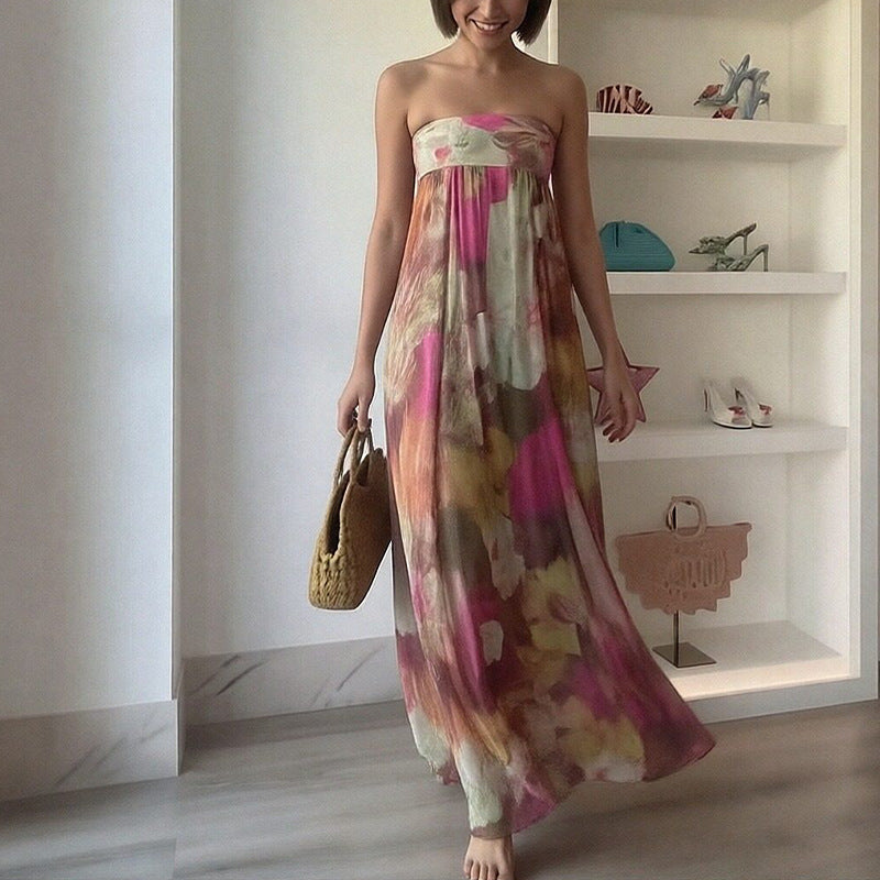 Robe longue de plage pour femmes avec design à épaules dénudées et motif floral Chic & Stil