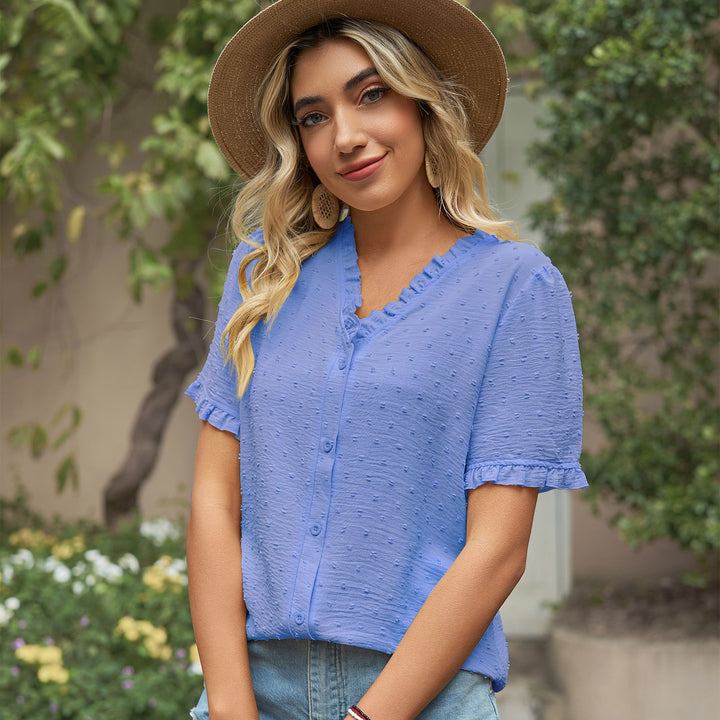 Women's blouse with ruffle details and lightweight textured fabric Lune London