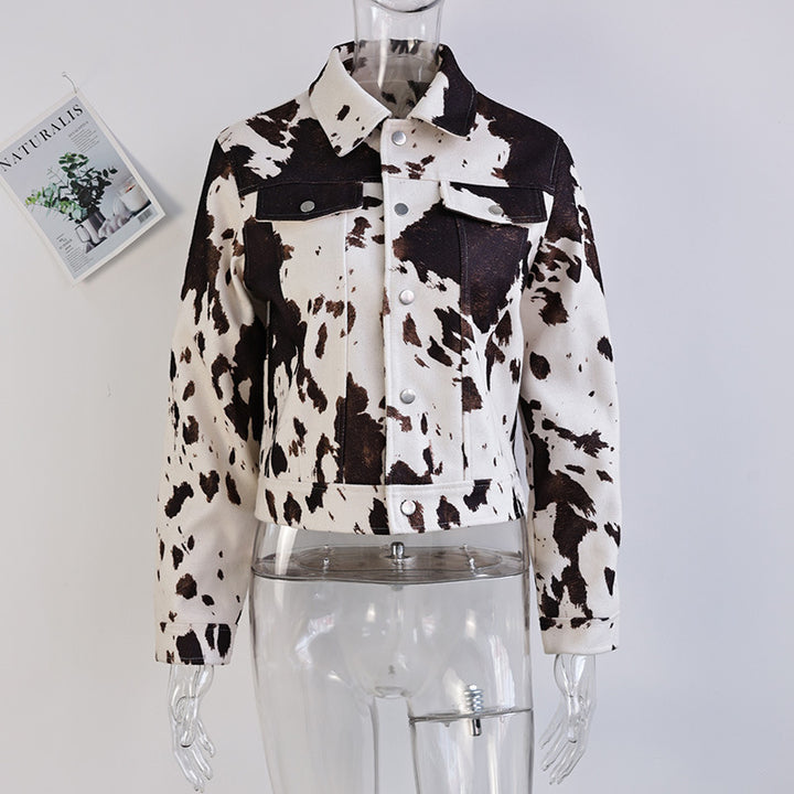 Casual women's denim jacket with cow print and structured accents Lune London