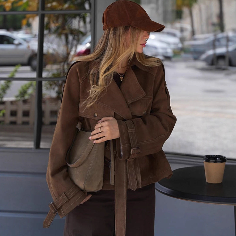 Women's Short Cut Suede Trench Coat with Waist Belt and Adjustable Cuffs Amarae
