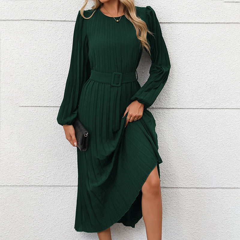 Women’S Pleated Dress with Waist Belt and Long Sleeves Chic Und Stil