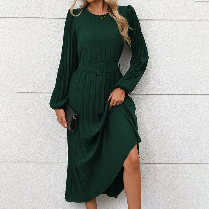 Women’S Pleated Dress with Waist Belt and Long Sleeves Chic Und Stil