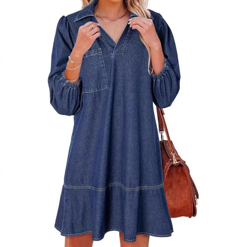 Denim dress for women with voluminous sleeves and a side pocket Amarae