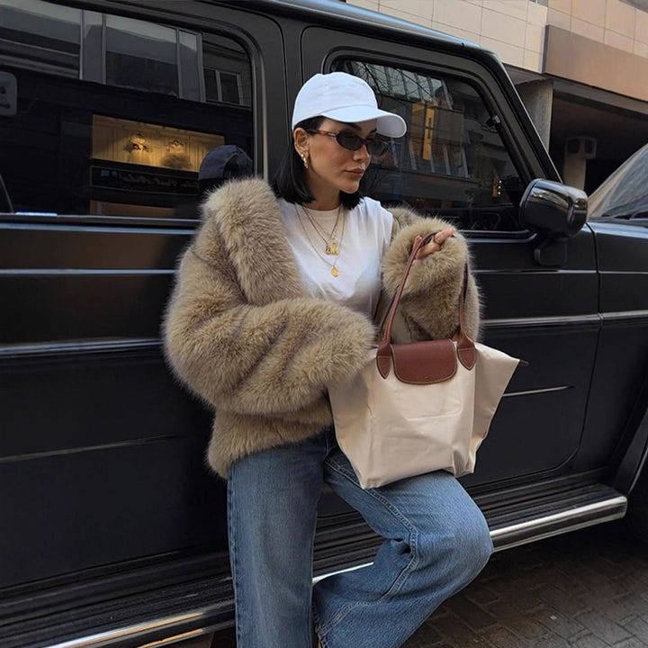 Women's Boxy Faux Fur Jacket in Teddy Look with Oversized Shawl Collar Amarae