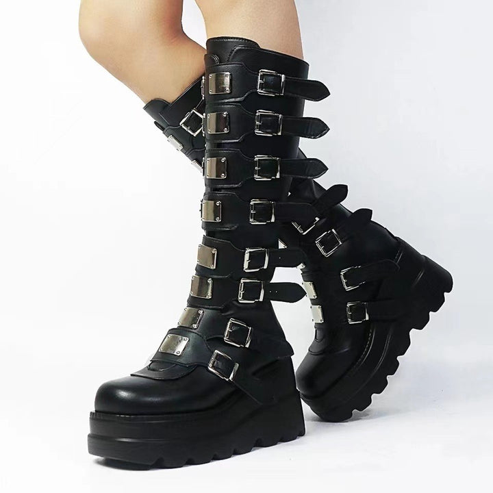 Women's platform knee-high gothic biker boots with multiple buckles and metal plates Amarae