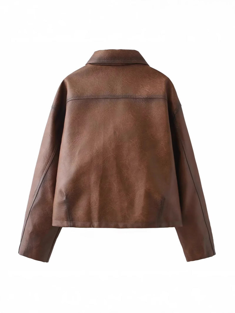 Ladies cropped leather jacket with practical chest pockets and Lune London button details