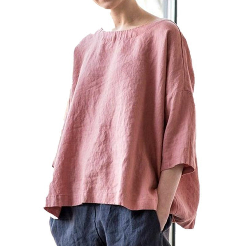 Women's oversized linen blouse with wide boxy cut, boat neckline and 3/4 sleeves Amarae