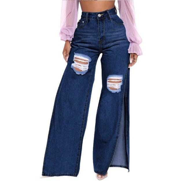 Women's High-Waist Wide-Leg Jeans with High Side Slits and Destroyed Details Amarae