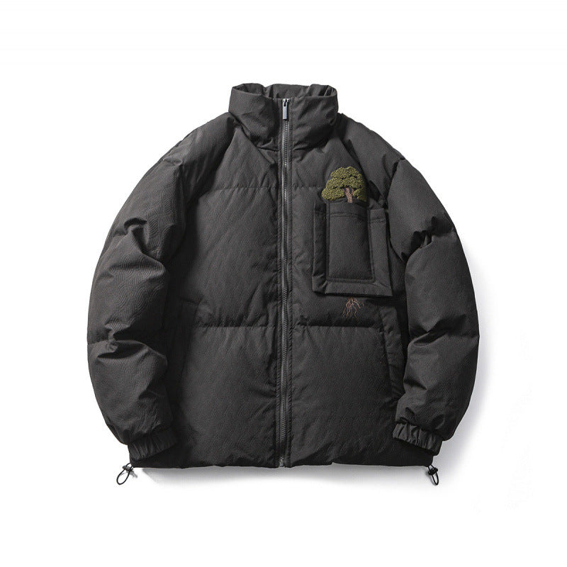 Unisex Kastig padded stand-up collar jacket with tree embroidery, chest flap pocket and drawstring hem Amarae