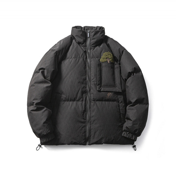 Unisex Kastig padded stand-up collar jacket with tree embroidery, chest flap pocket and drawstring hem Amarae