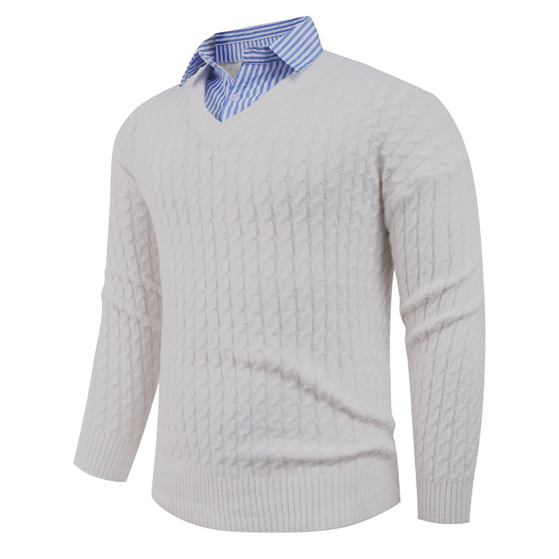 Men's knitted sweater with cable knit pattern and V-neck Lune London