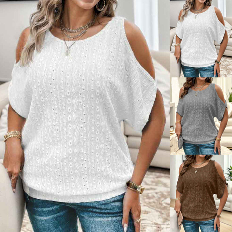 Chic and Stylish Women's Top with Open Shoulder Design and Textured Hole Pattern