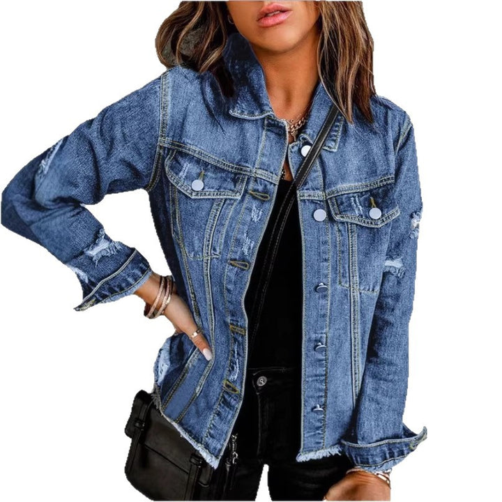 Women's denim jacket with casual destroyed sleeves and raw hem Amarae