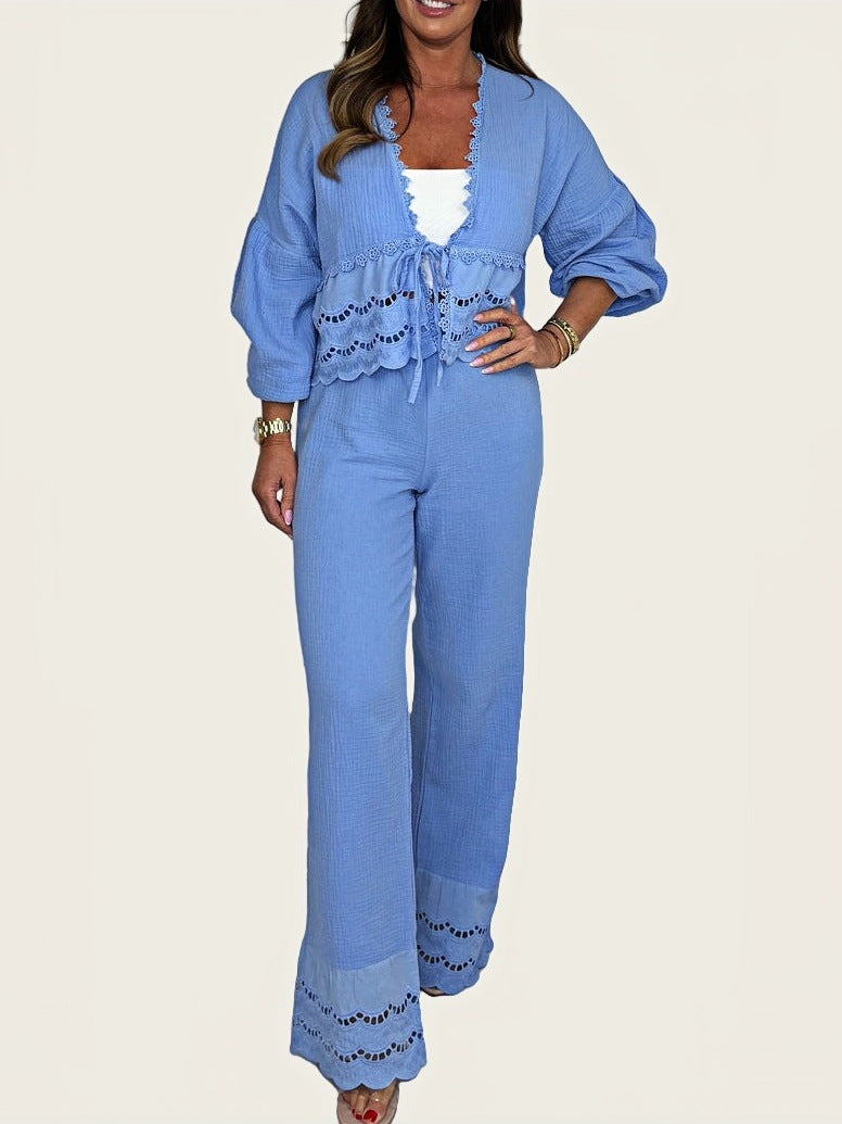 Women Two-Piece Set with Crochet Accents and Chic Loose Fit