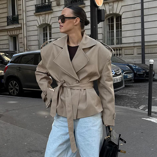 Elegant trench coat for women with fitted belt and bare shoulders Amarae
