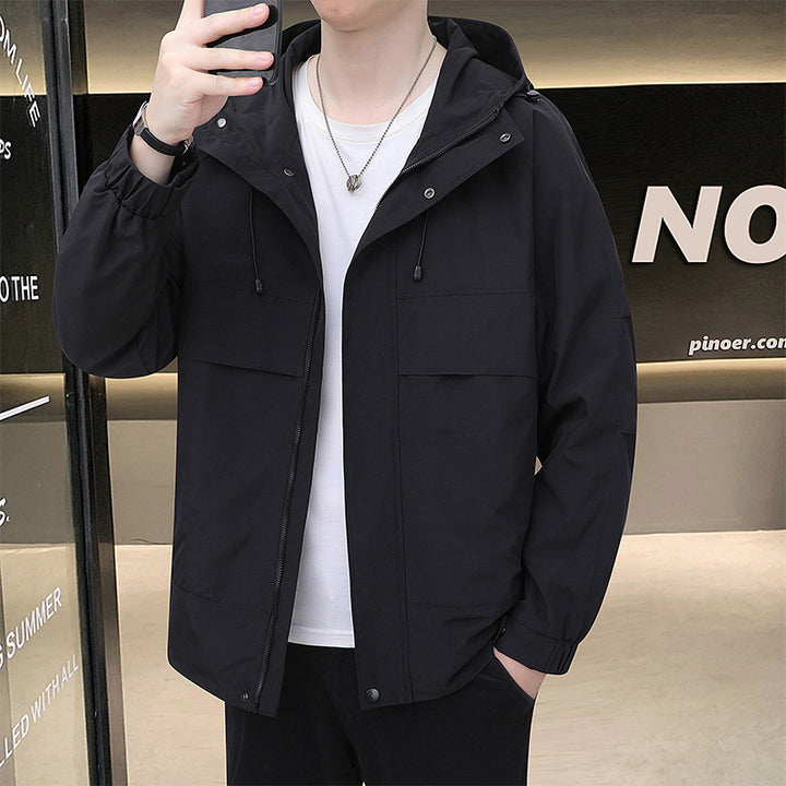 Lightweight transition jacket for men with functional pockets and adjustable hood Lune London