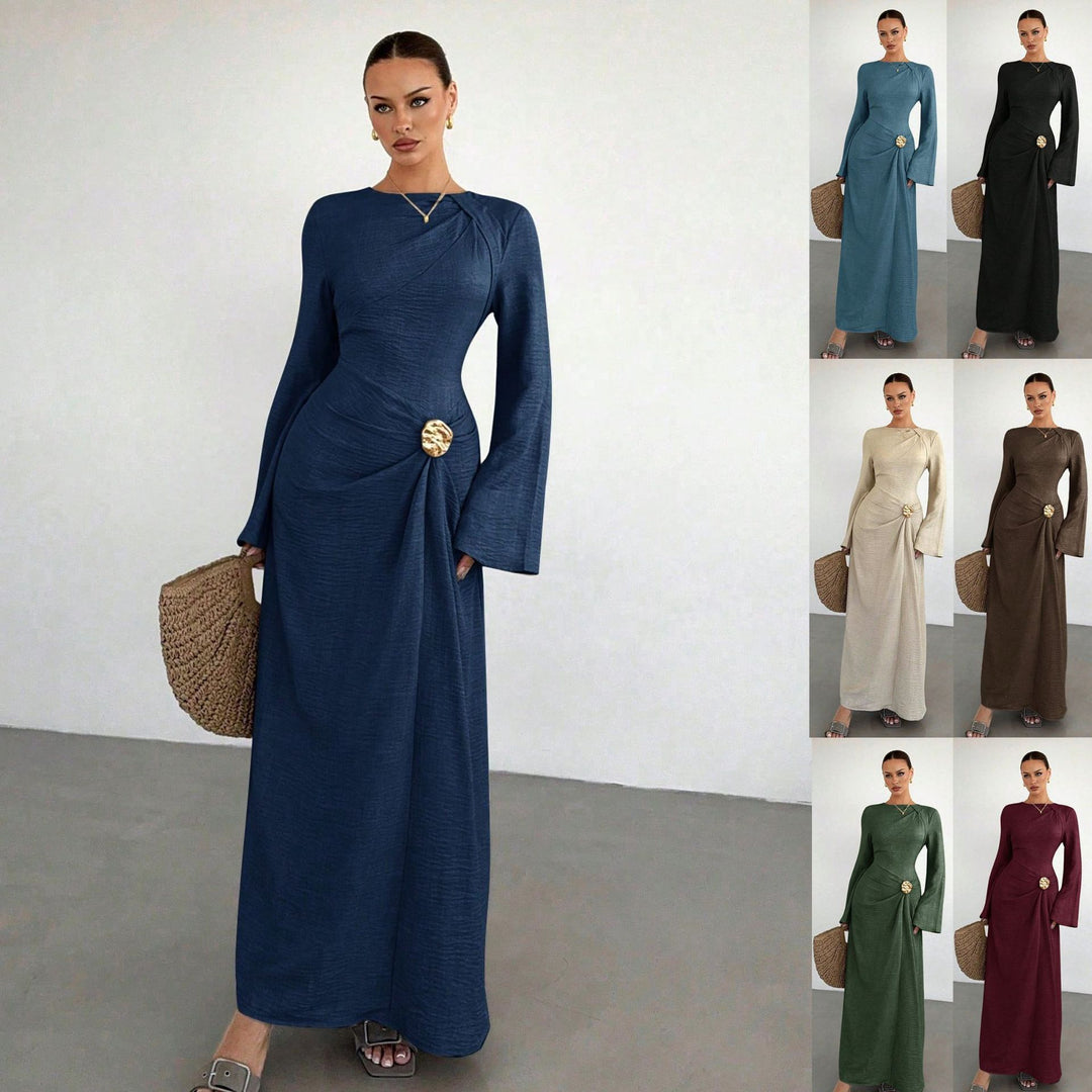Ladies max dress with draping, decorative brooch and wide trumpet sleeves Amarae