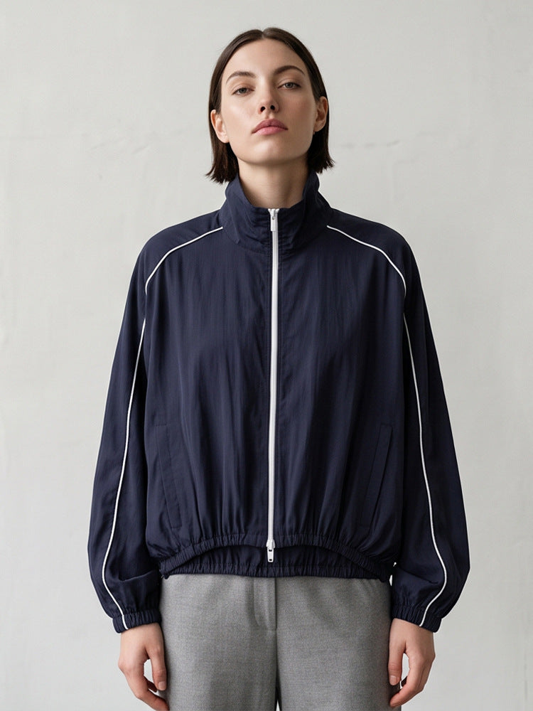 Women's Lightweight Sports Track Jacket with Stand-up Collar, Contrast Piping and Elastic Waistband Amarae