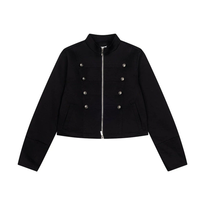 Women's short tailored military jacket with stand-up collar, decorative button rows, and two-way zipper Amarae