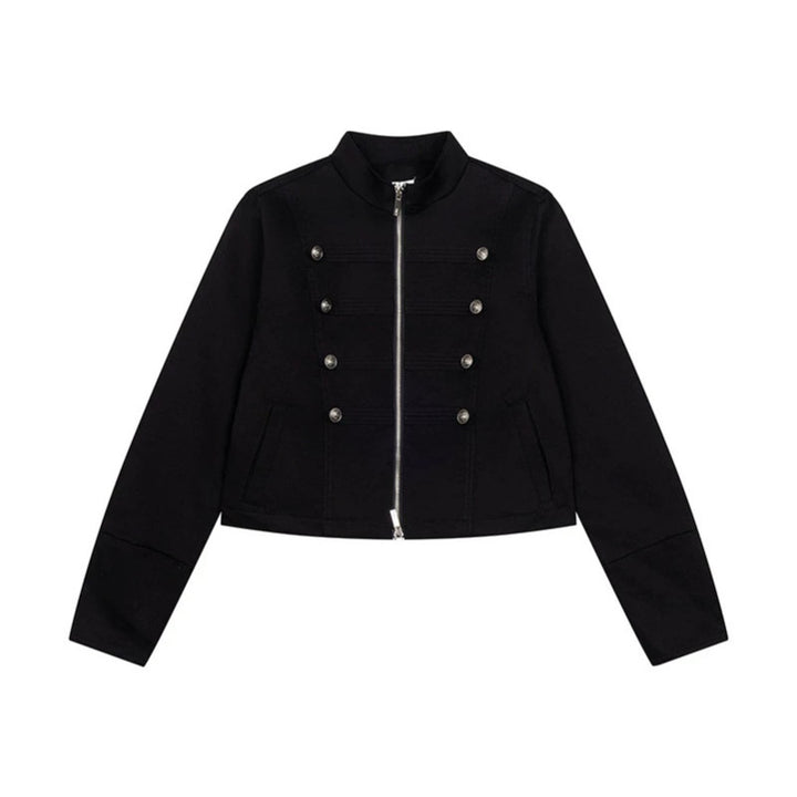 Women's short tailored military jacket with stand-up collar, decorative button rows, and two-way zipper Amarae