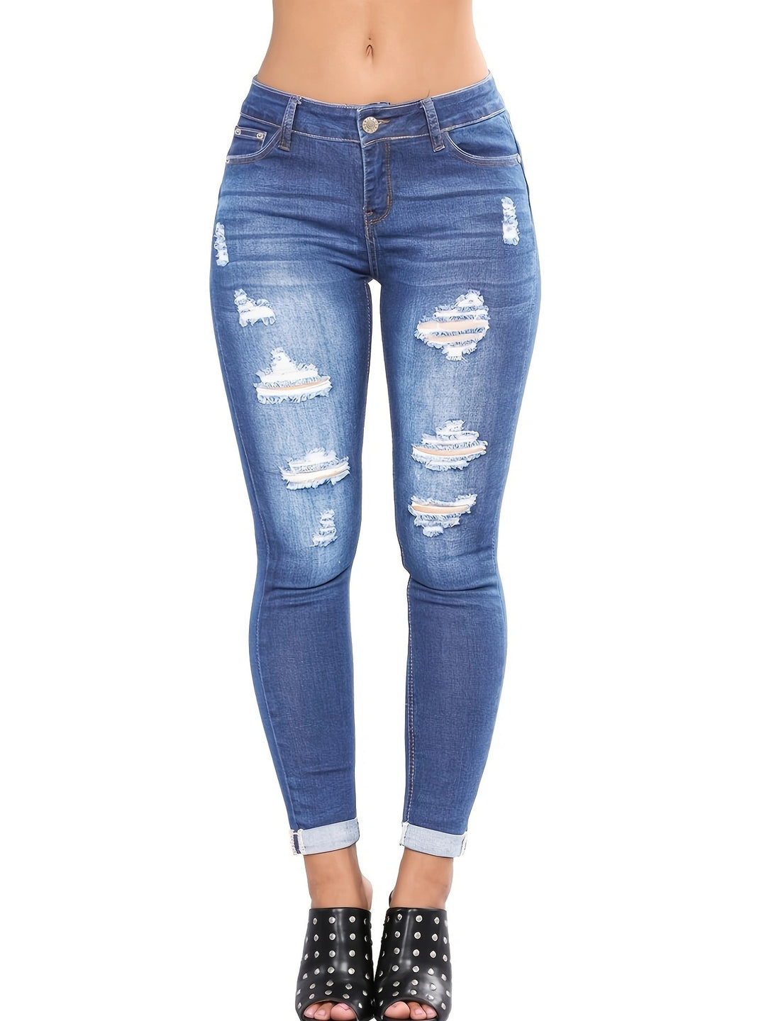 Women’s High-Waisted Superstretch Skinny Jeans with Strategic Rips and Cuff Hem Amarae