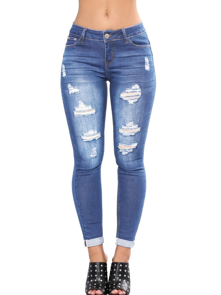 Women’s High-Waisted Superstretch Skinny Jeans with Strategic Rips and Cuff Hem Amarae