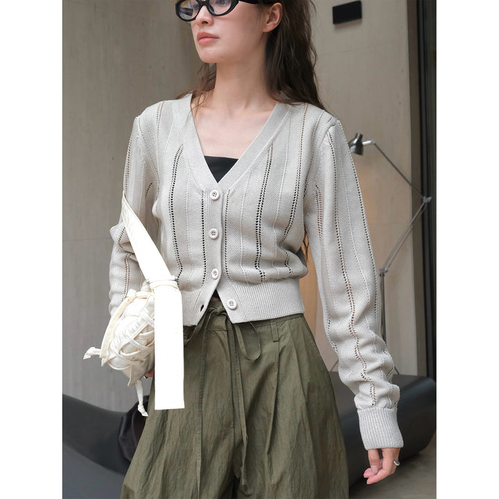Women's Light Openwork Knit Cardigan with V-Neck and Tailored Ribbed Hem Amarae
