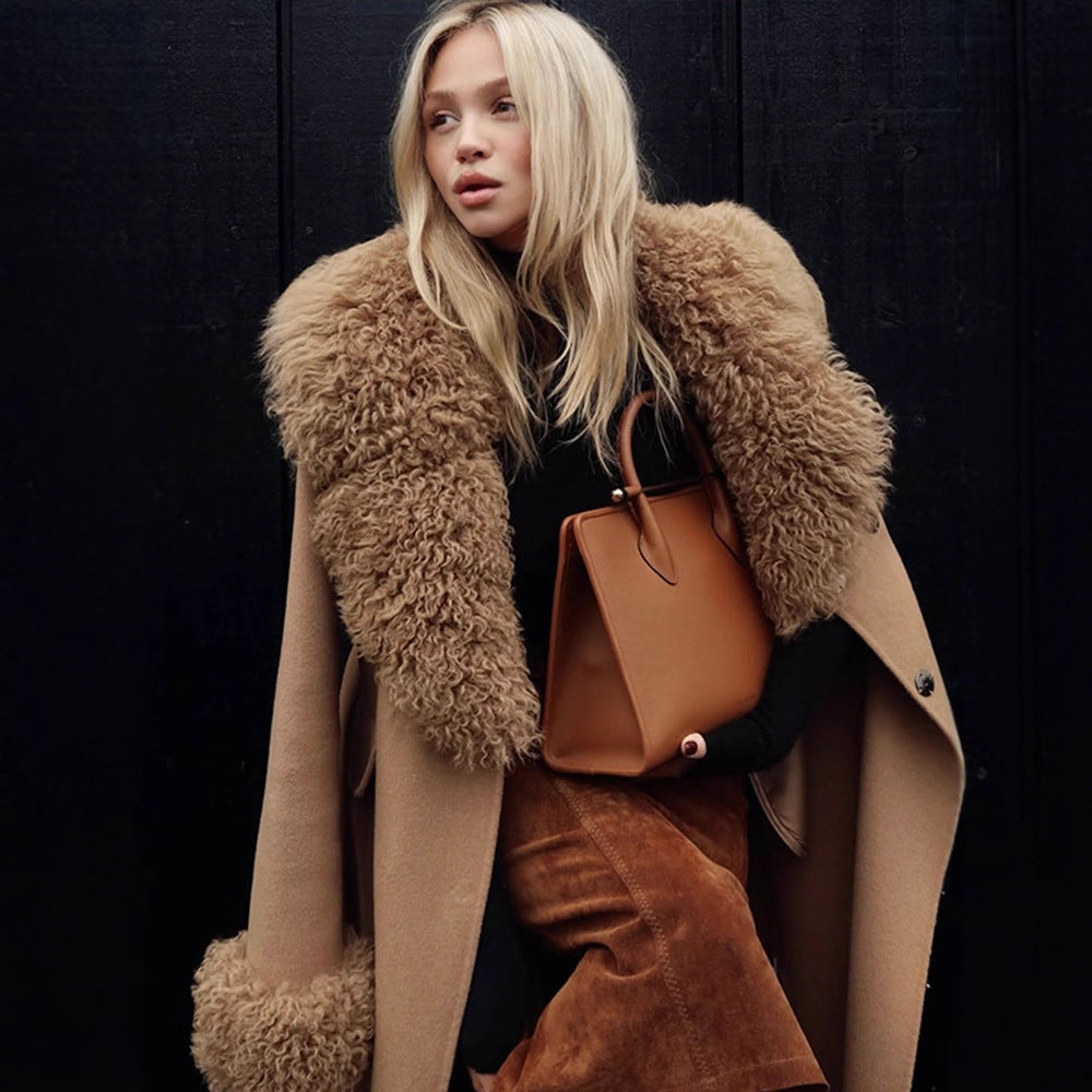 Ladies Maxilength Wool Blend Coat with Detachable Curly Faux Fur Shawl Collar and Fur Cuffs Amarae