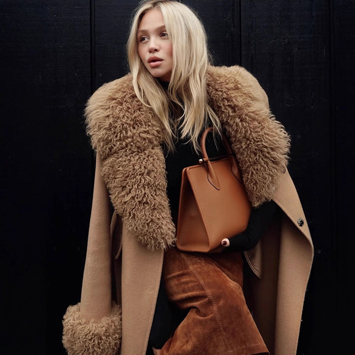 Ladies Maxilength Wool Blend Coat with Detachable Curly Faux Fur Shawl Collar and Fur Cuffs Amarae