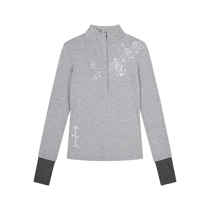 Women's Long Sleeve Polo Shirt with Stand-Up Collar, Button Placket and Note Print Amarae