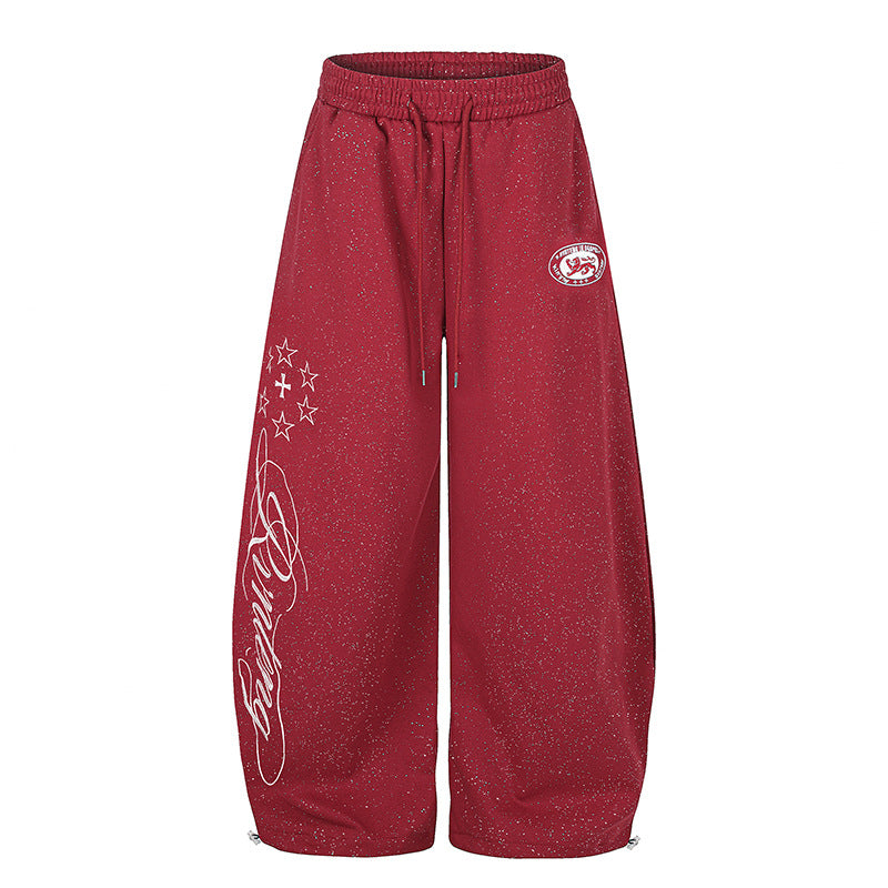 Women's Extra Wide Palazzo Sweatpants in Glitter Nep with Elastic Waistband, Drawstring and Star Script Print Amarae