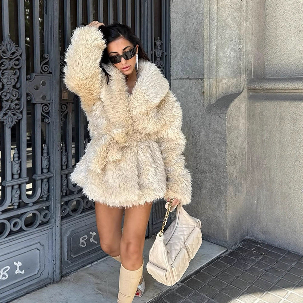 Women Short Cozy Faux Fur Coat with Waist Belt and Voluminous Shawl Collar Amarae