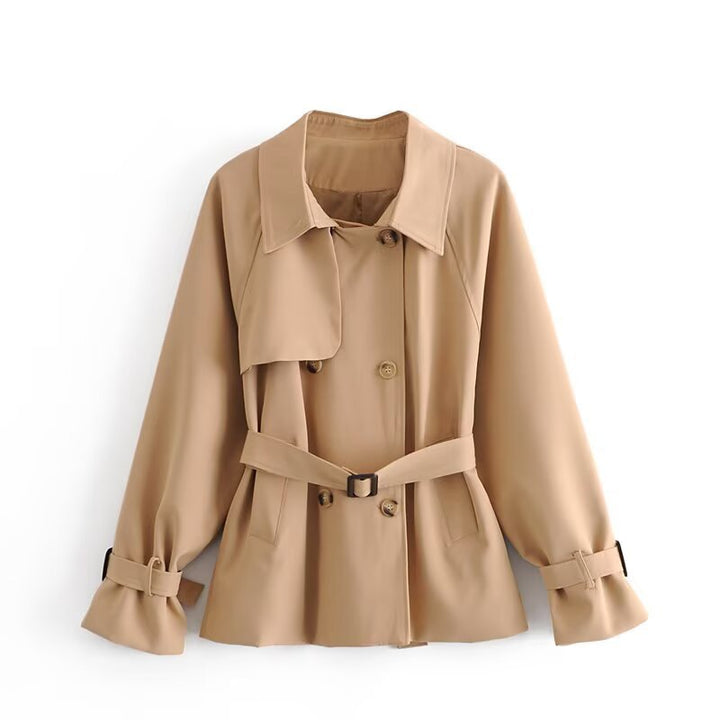 Women Short Tailored Trench Coat with Tied Belt, Asymmetrical Storm Flap and Cuff Strap Amarae