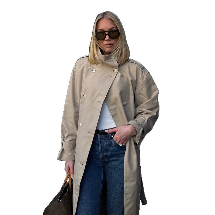 Women’s maxi trench coat with high stand-up collar, double-breasted button placket & waist belt Amarae