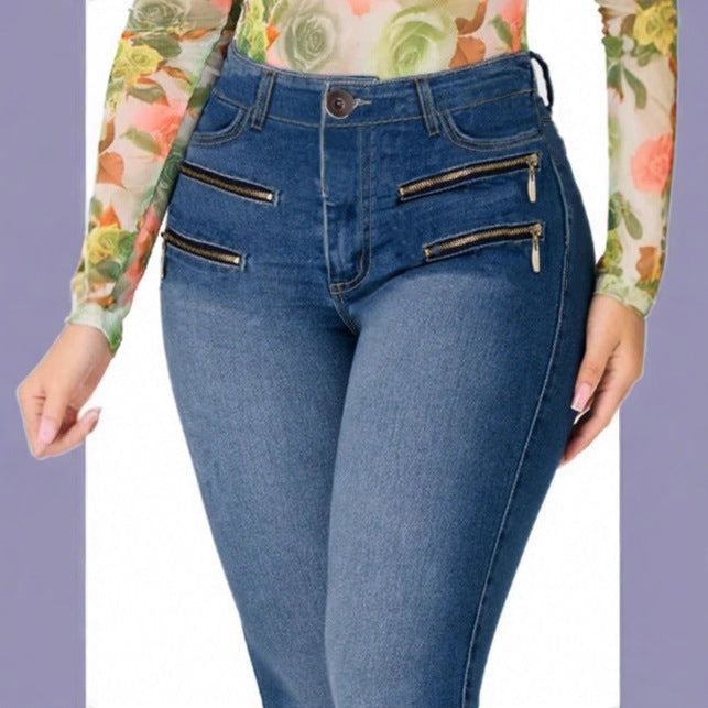 Women's High-Waisted Slim-Fit Jeans with Decorative Front Zippers Amarae