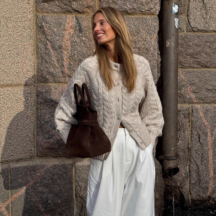 Women Chunky Knit Cable Pattern Cardigan with Balloon Sleeves Amarae