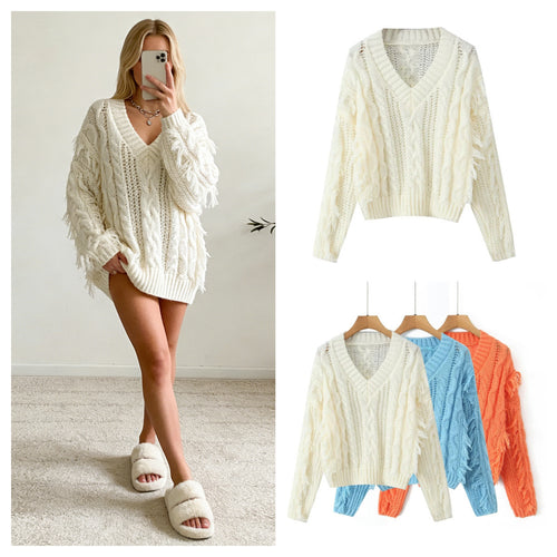 Pull en maille épaisse pour femme avec décolleté en V profond et franges Chic & Stil