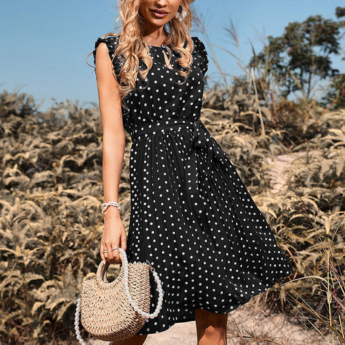 A-line polka dot dress for women with adjustable tie belt Amarae