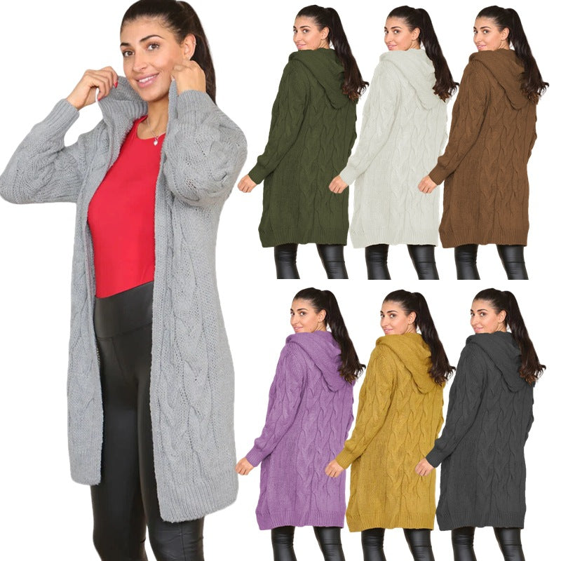 Long knitted coat for women with an elegant cable pattern and hood Lune London