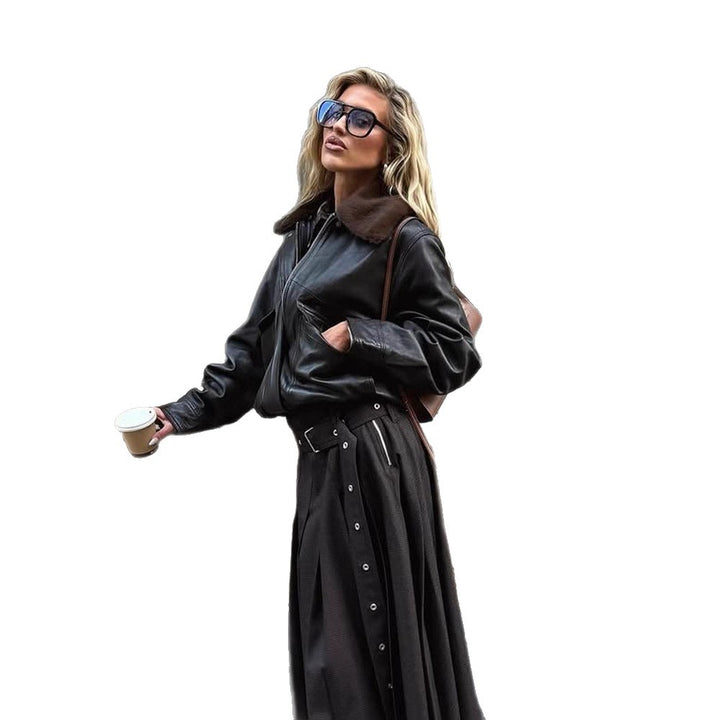 Women short-cut leather look pilot jacket with teddy collar and fitted ribbed hem Amarae