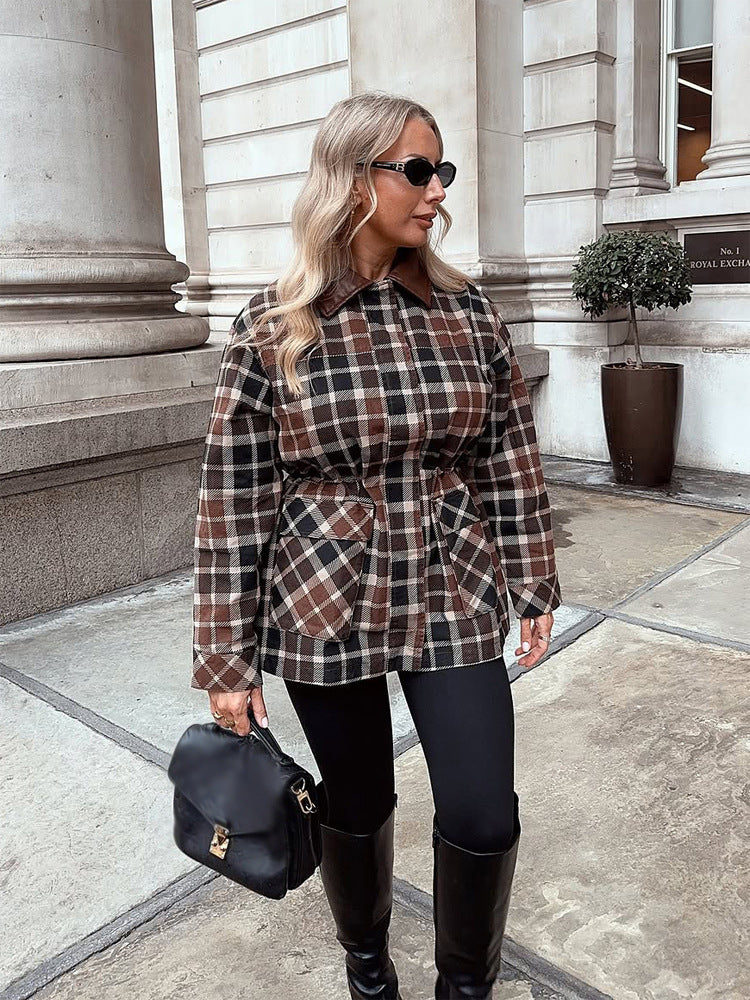 Women Checked Shacket with Waist Drawstring, Flap Pockets & Leather-Look Collar Amarae