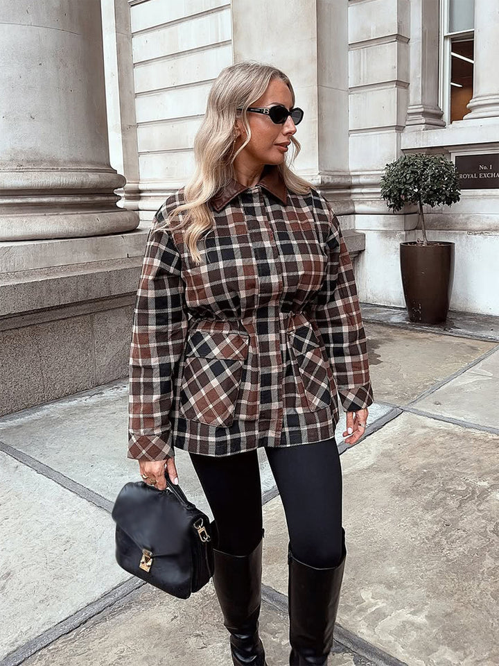 Women Checked Shacket with Waist Drawstring, Flap Pockets & Leather-Look Collar Amarae