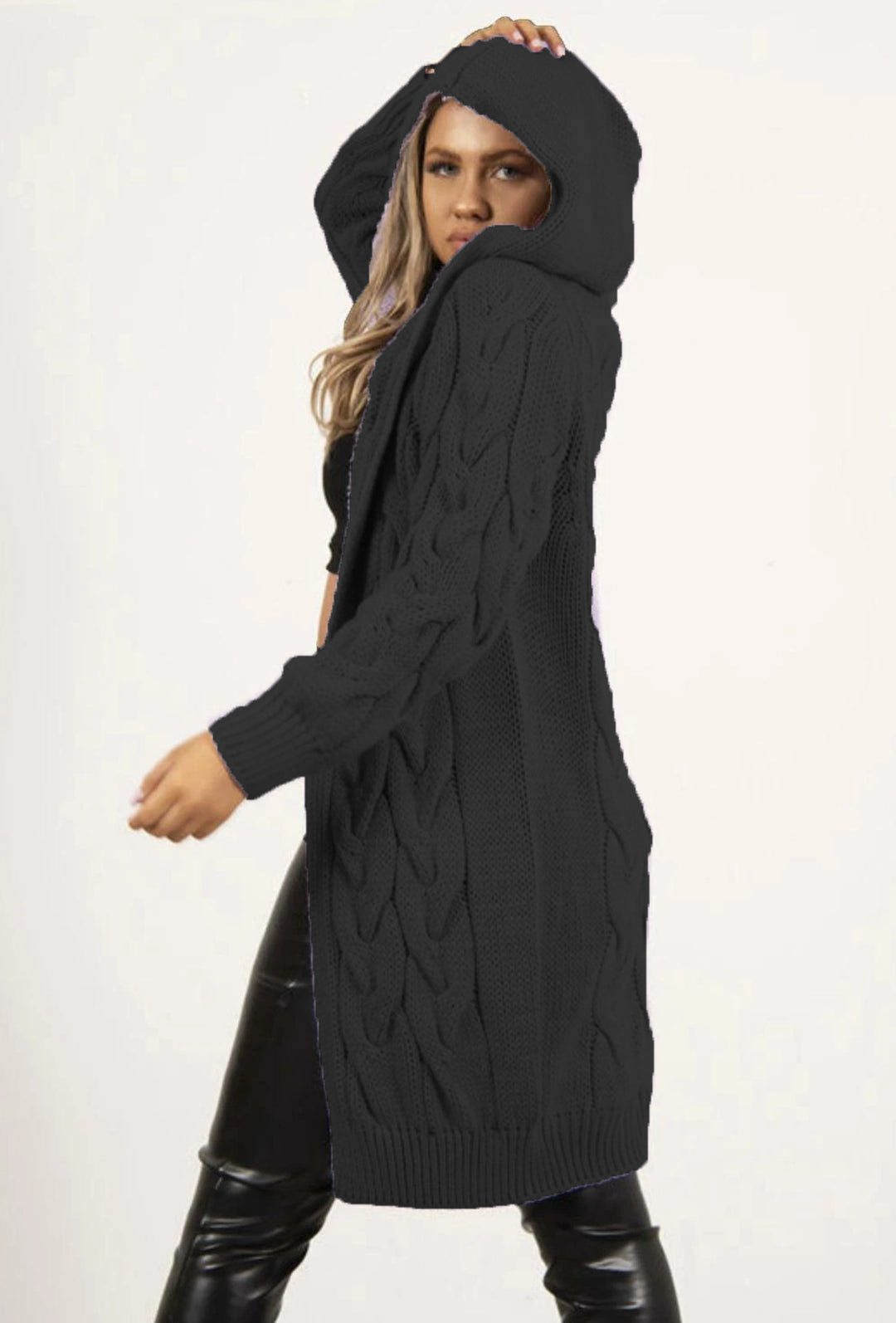 Women's knitted coat with hood and braided design Lune London