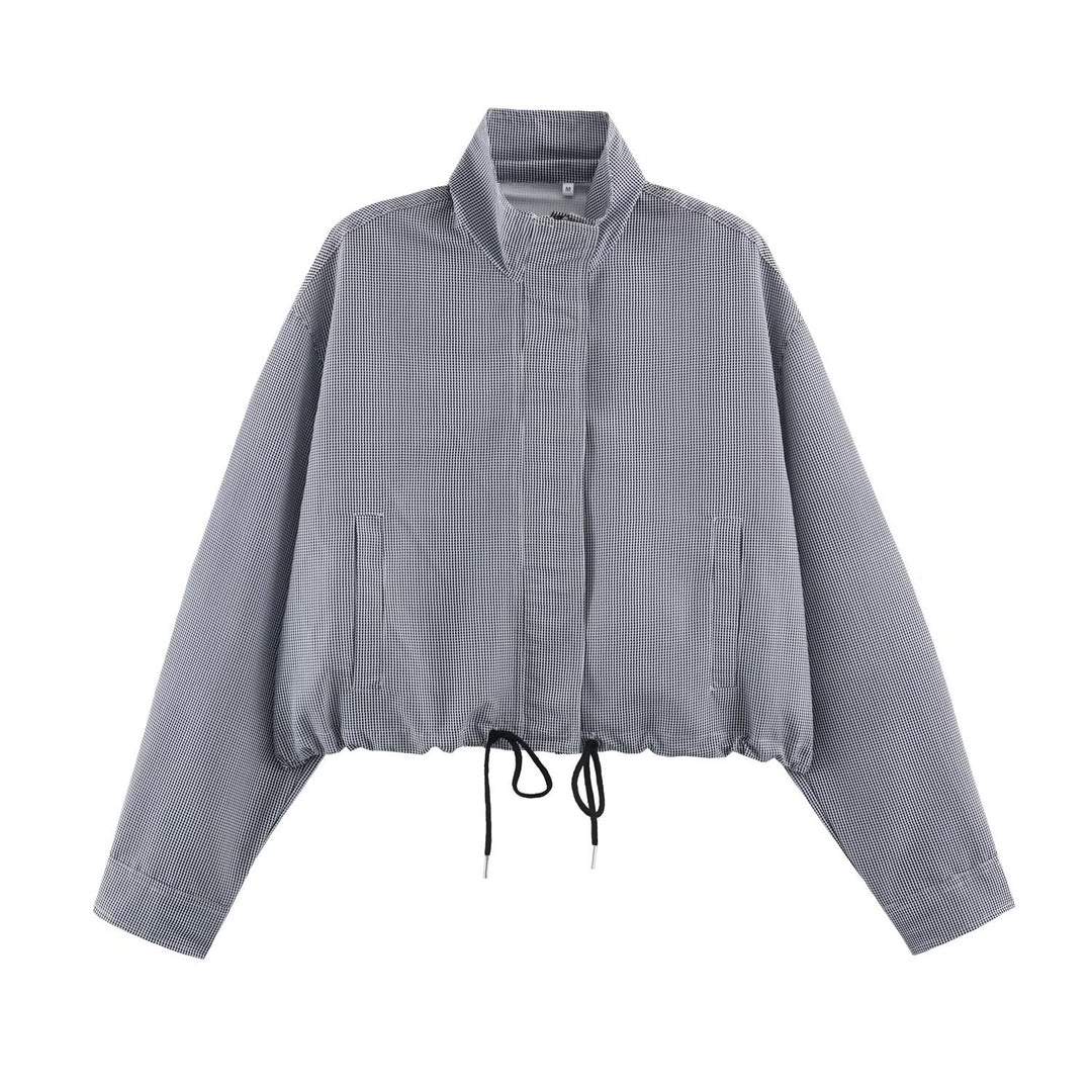 Women's Cropped Transitional Jacket with Stand-up Collar, Drawstring, and Fine Checkered Pattern