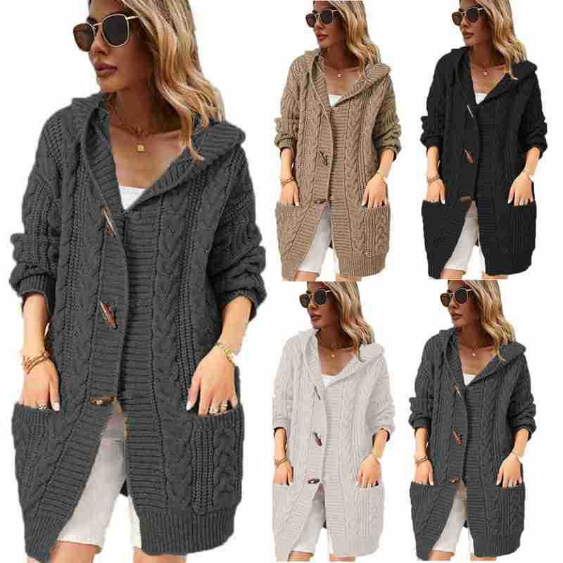 Knitted jacket for women with hood and button details Lune London