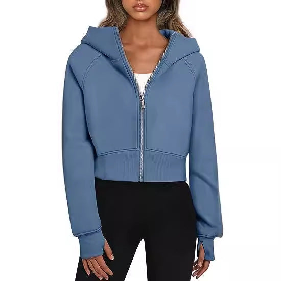 Ladies Crop Sweat Jacket with Zipper and Hood Lune London